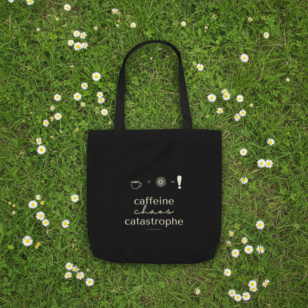 Black tote bag with “caffeine chaos catastrophe” print and cup + arrow icons.