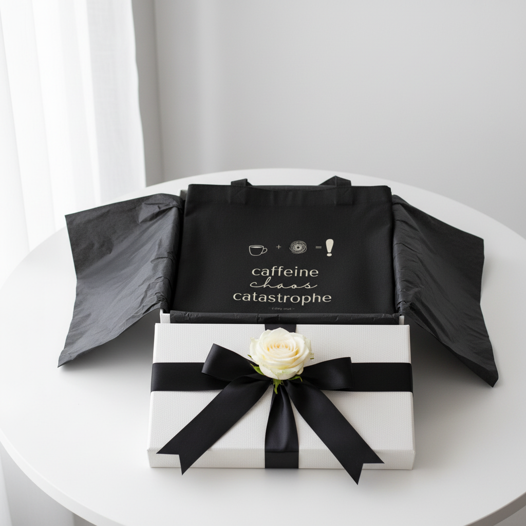 Black tote bag with “caffeine chaos catastrophe” design, shown open with tissue paper.