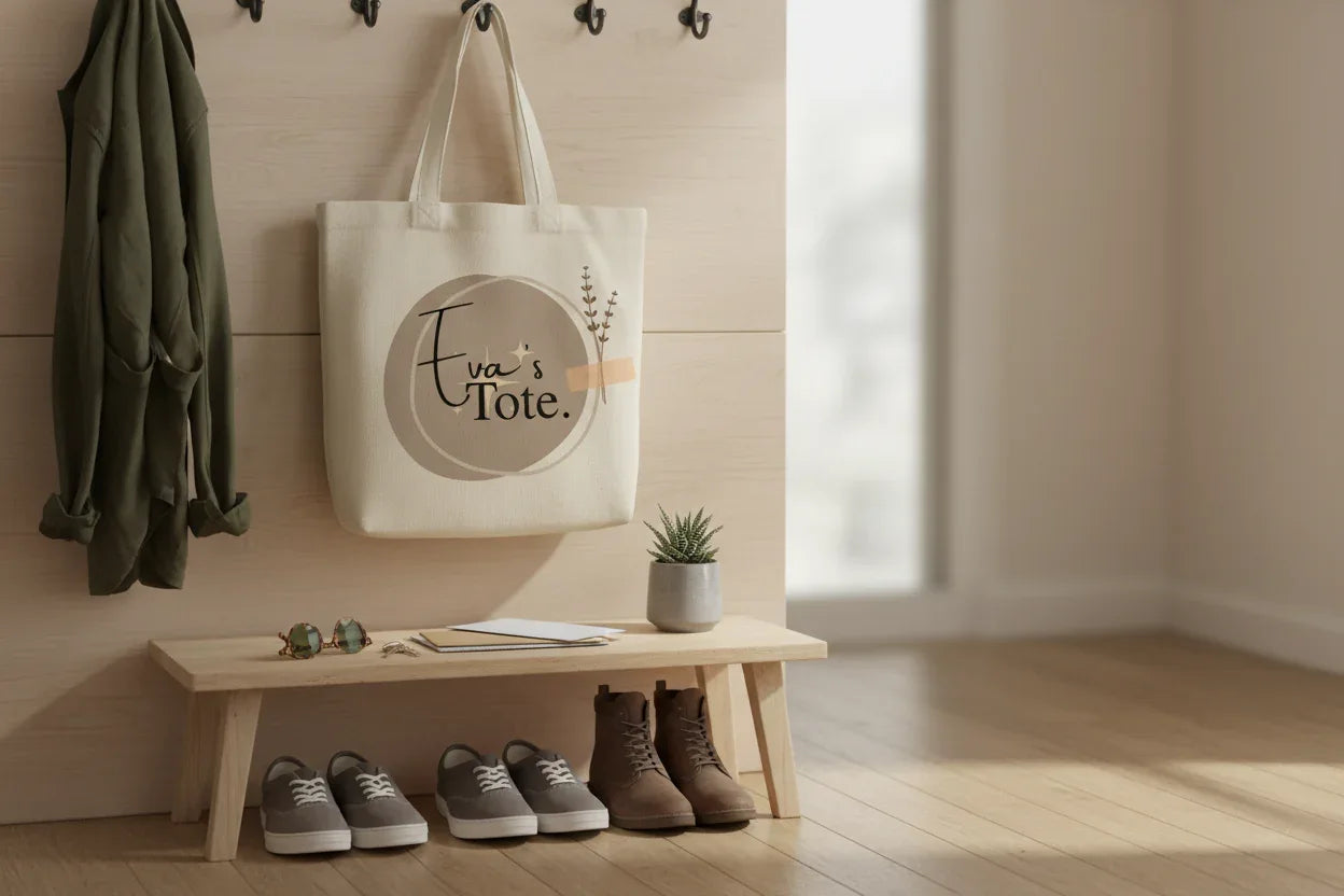 Cream cotton tote bag hanging on wall hook with round 'Tote.' logo print