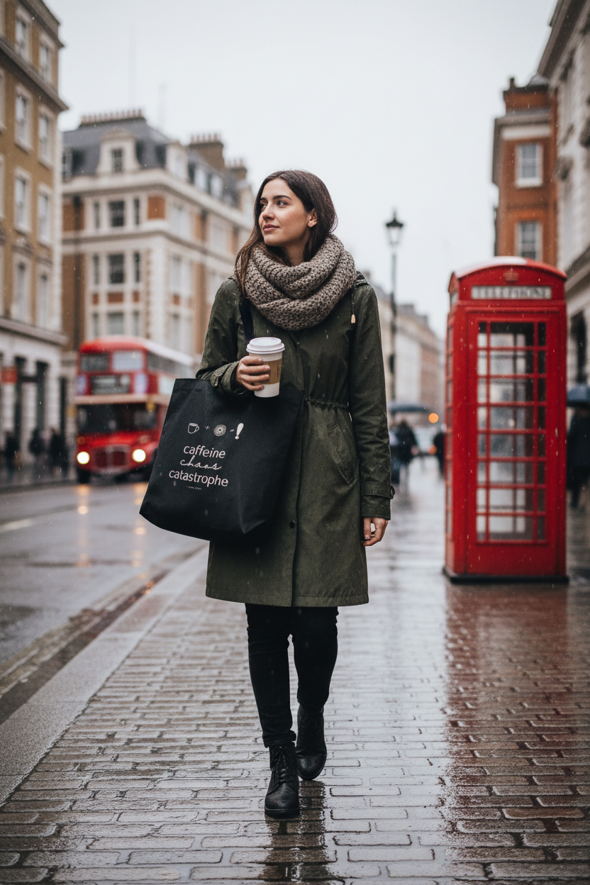 Black tote bag with coffee graphic, held by a woman in city street