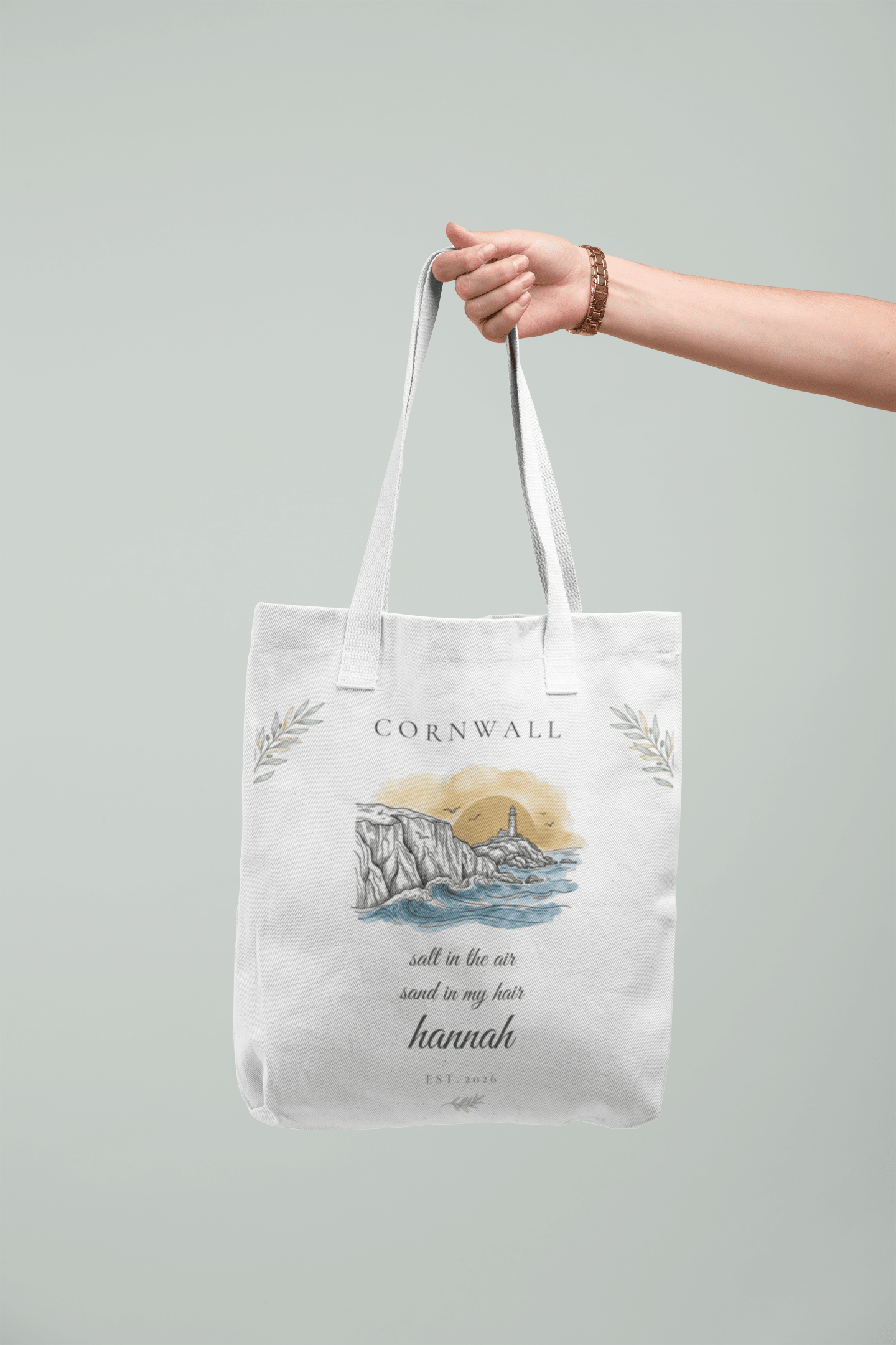 Personalised Coastal Tote Bag — Lighthouse & Cliffs Illustration with Custom Text & Year - AlleyCrafters