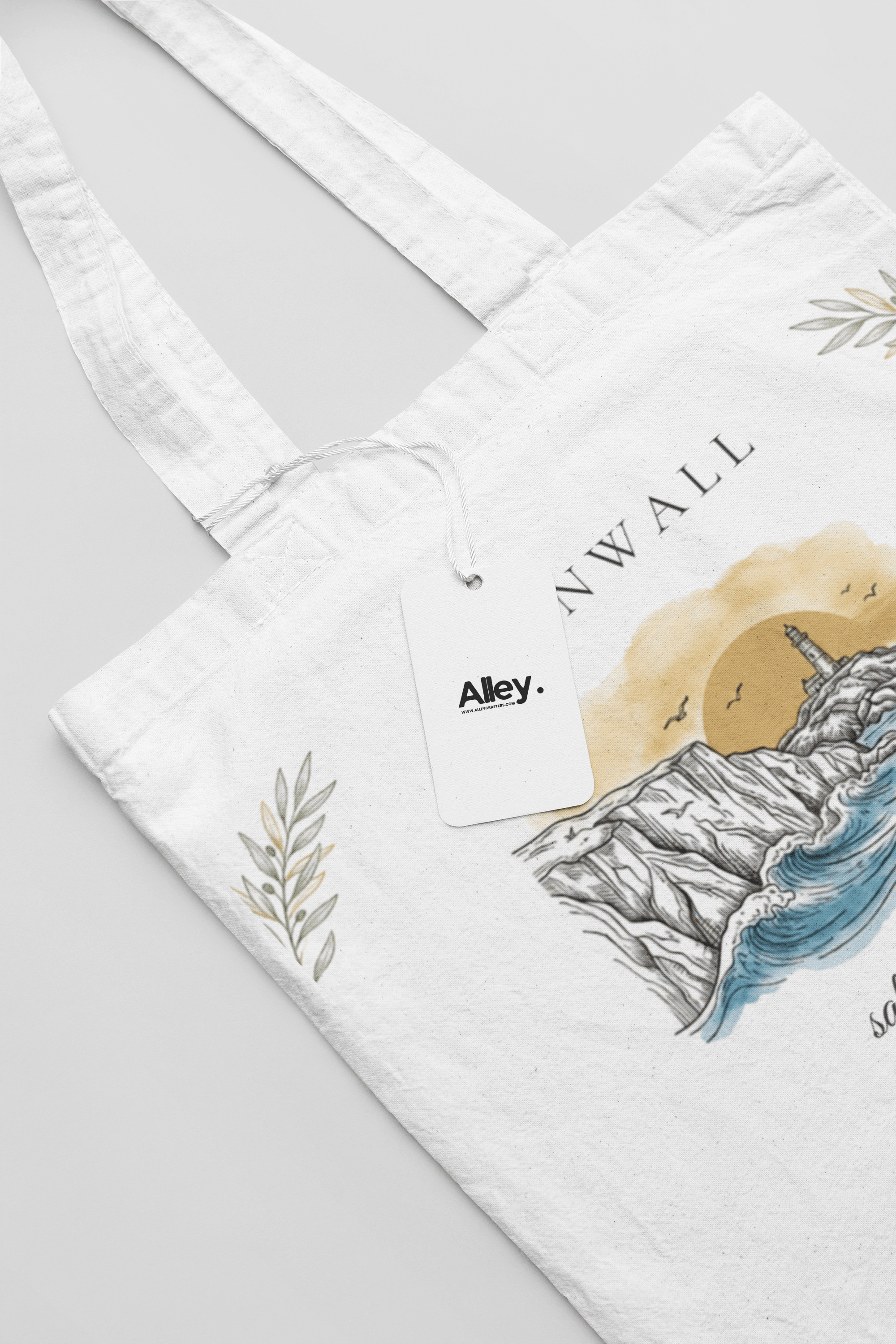 Personalised Coastal Tote Bag — Lighthouse & Cliffs Illustration with Custom Text & Year - AlleyCrafters