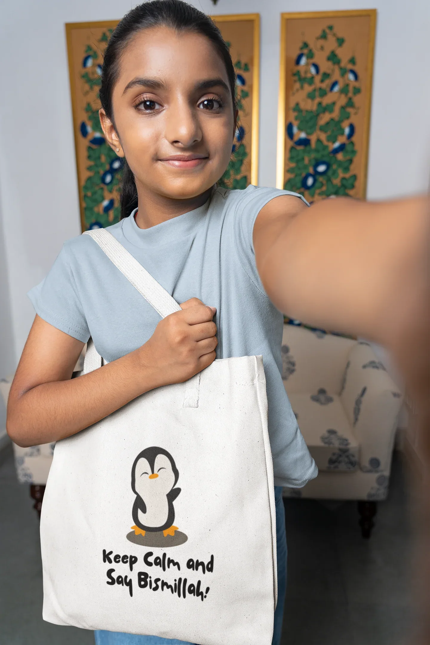 White cotton tote bag with penguin graphic and slogan “Keep Calm and Say Bismillah!”