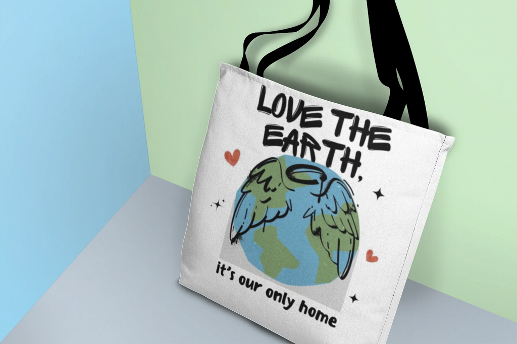White tote bag with “Love the Earth” text and globe illustration on front