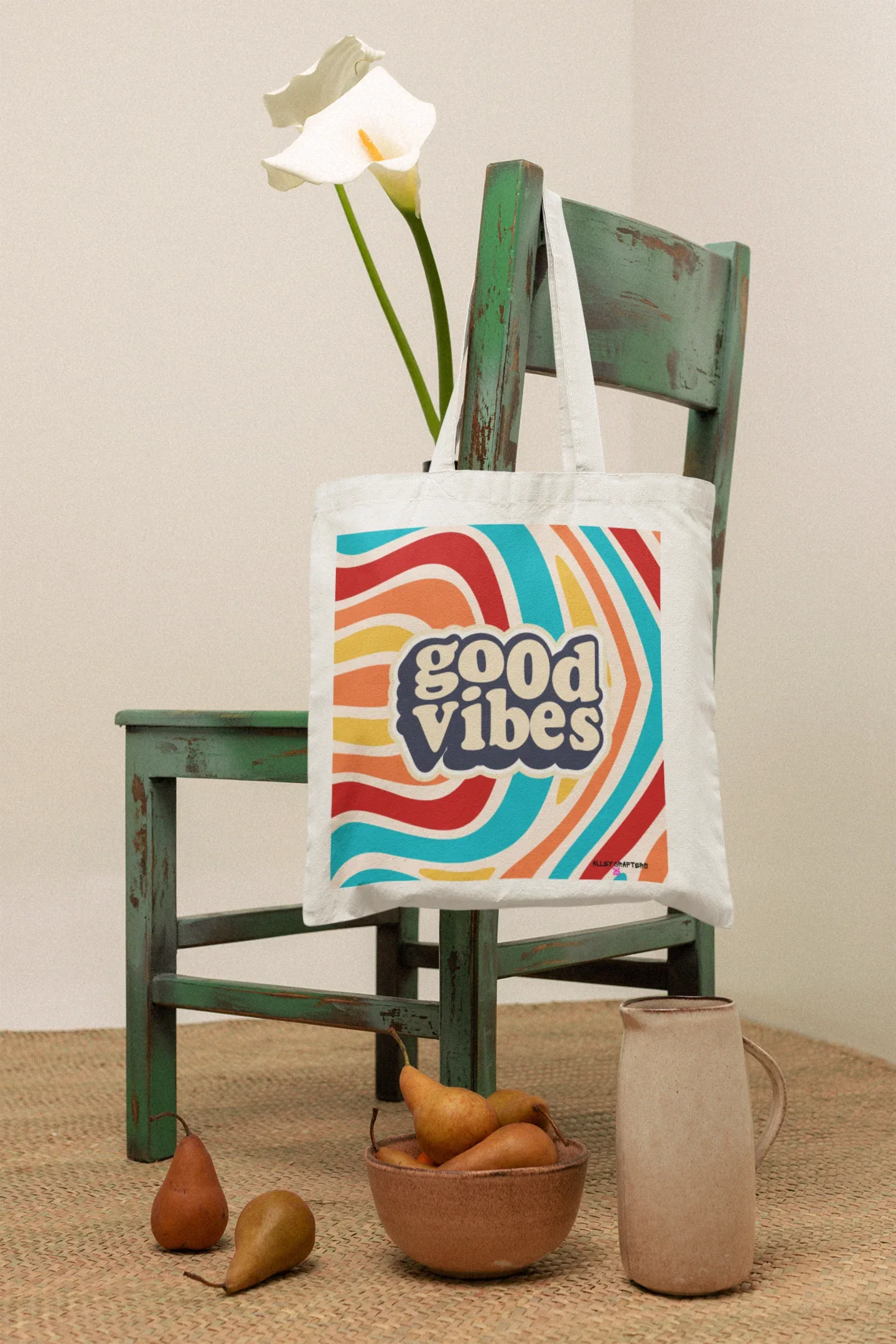 Tote bag with “good vibes” logo on the front panel