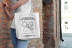 White canvas tote bag with black front print and over-the-shoulder handles