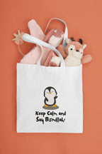 White cotton tote bag with penguin graphic and slogan “Keep Calm and Say Bismillah!”