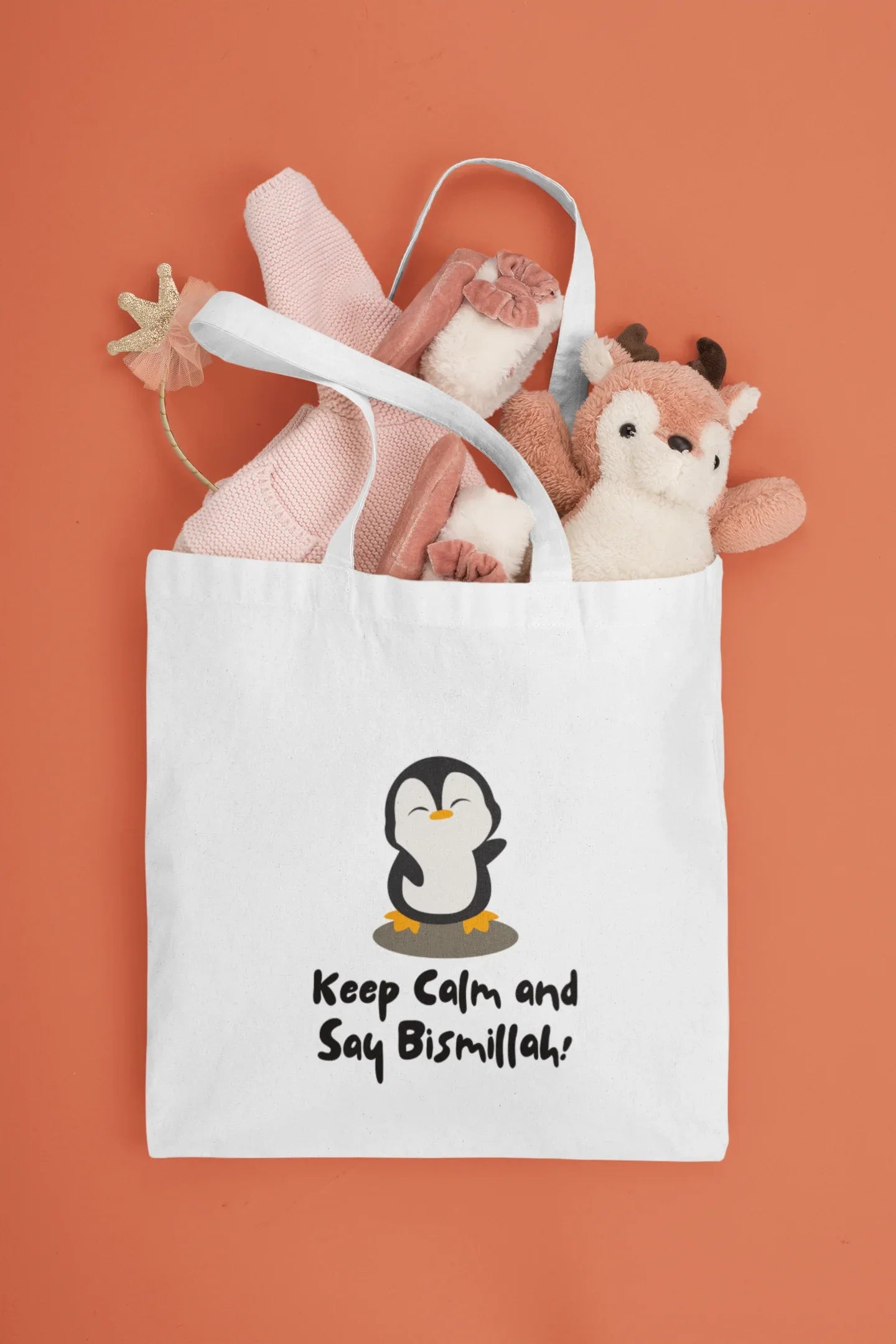 White cotton tote bag with penguin graphic and slogan “Keep Calm and Say Bismillah!”