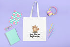 White cotton tote bag with bear graphic and slogan “Keep Calm and Say Bismillah!”