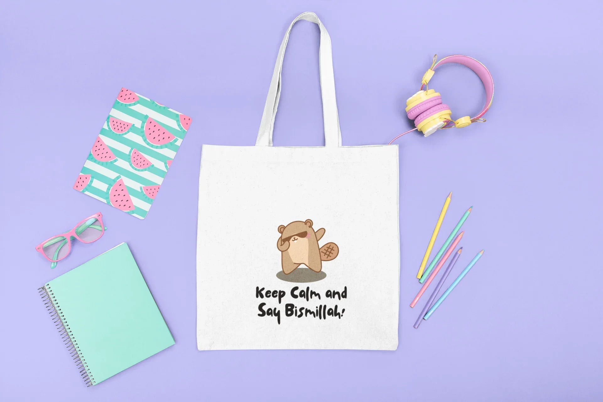 White cotton tote bag with bear graphic and slogan “Keep Calm and Say Bismillah!”