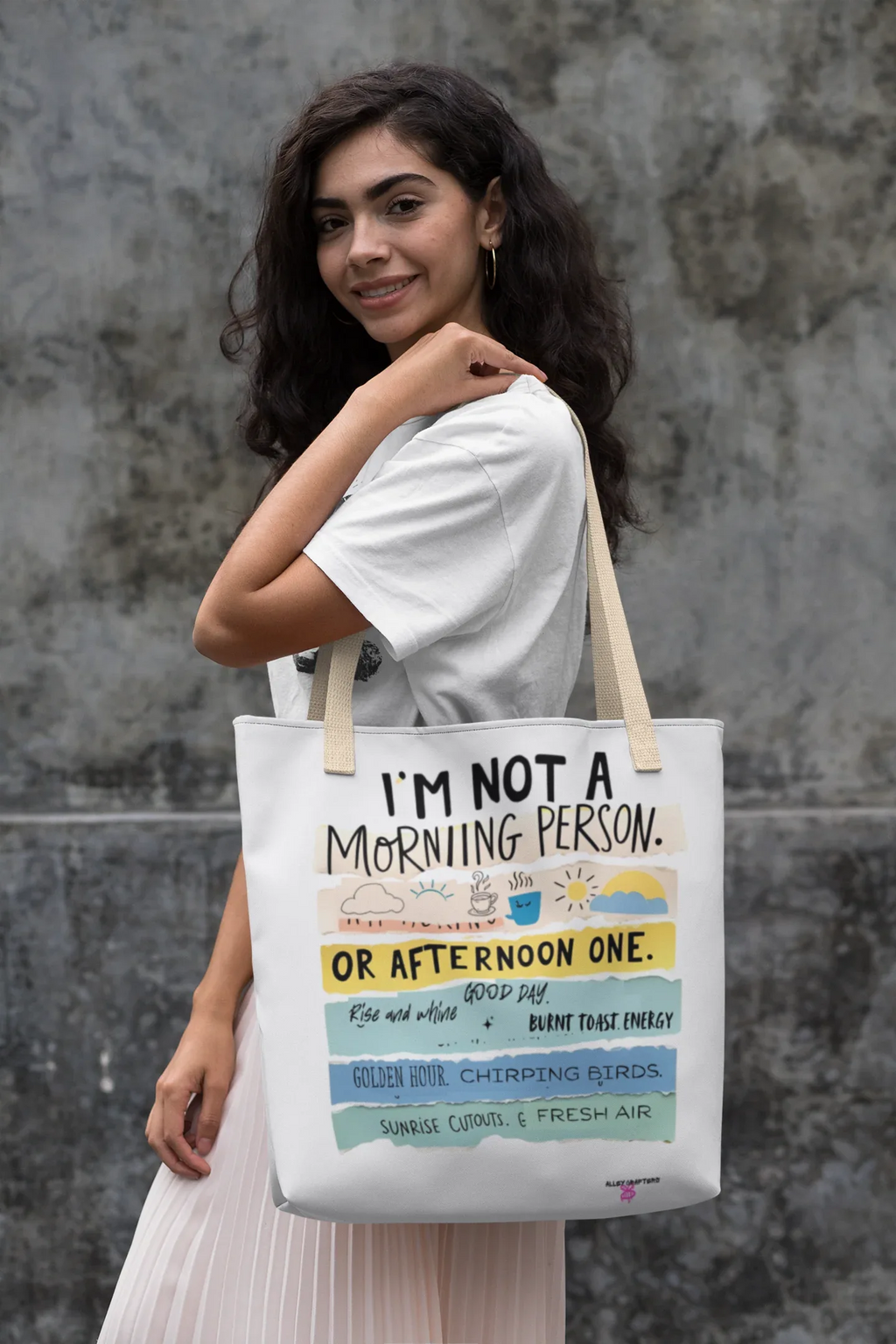 White canvas tote bag with “morning person” and colorful text graphic