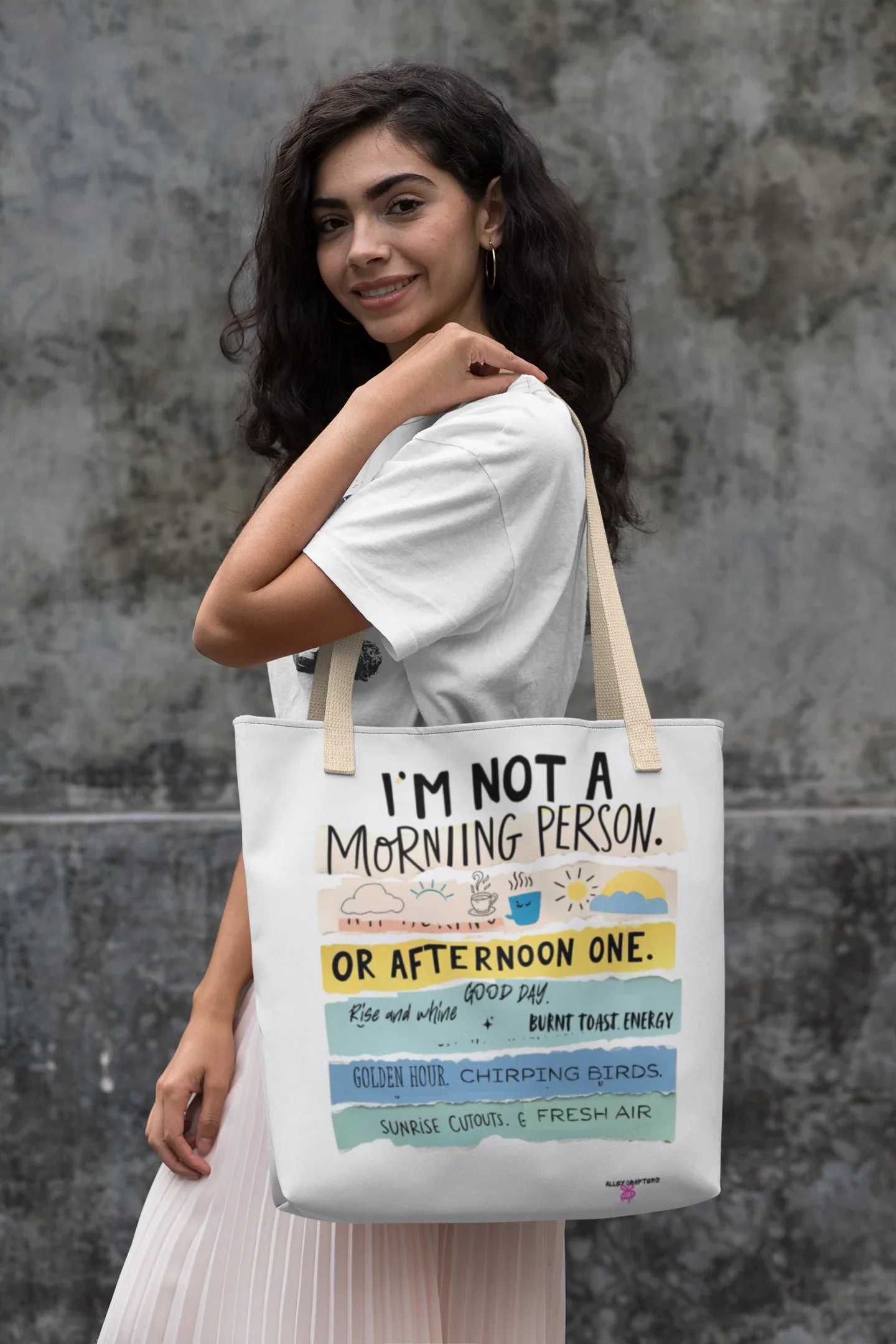 White canvas tote bag with “morning person” and colorful text graphic