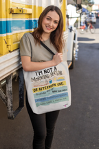 White canvas tote bag with printed text and colorful “or afternoon one” graphic