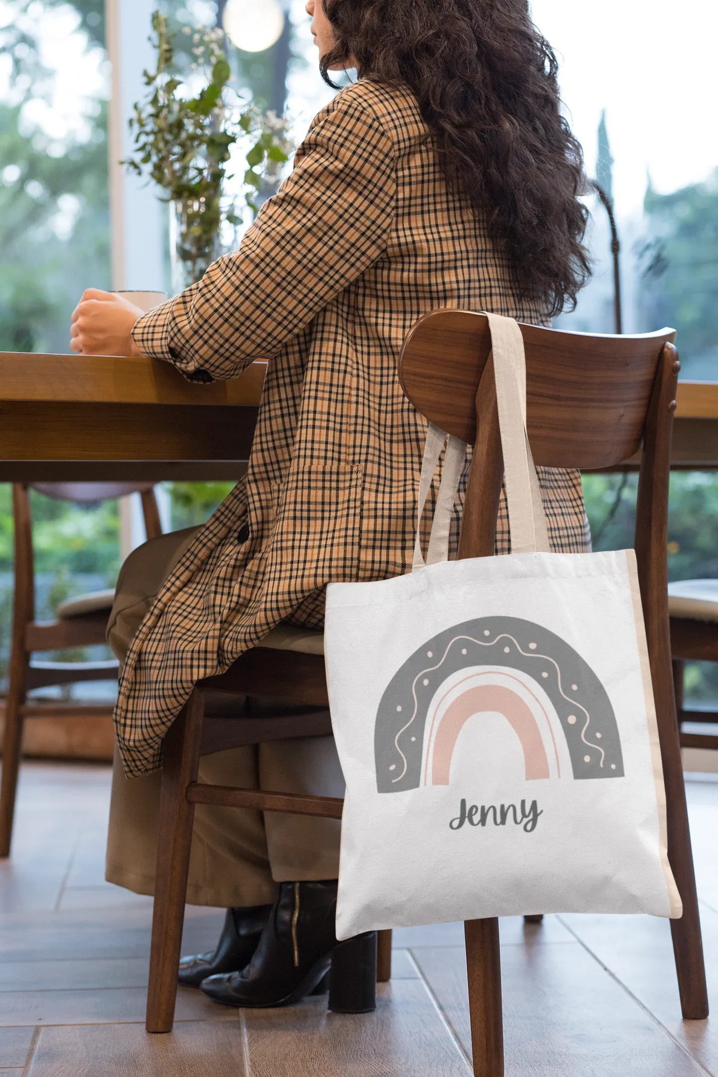 White tote bag with rainbow arch graphic and name Jenny