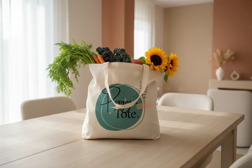 Cream cotton tote bag on table with round 'Tote.' logo and short handles