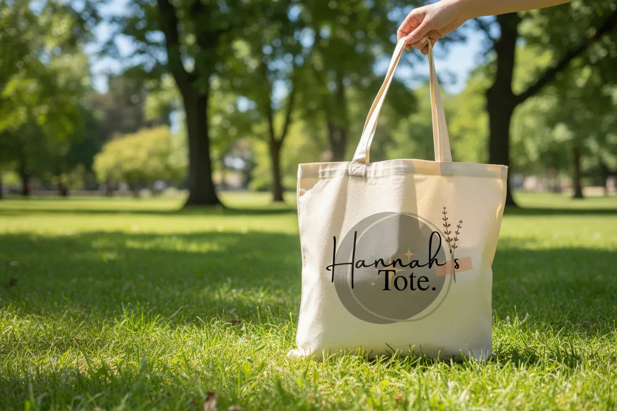 Light canvas tote bag with Hannah's Tote logo and rope handles outdoors