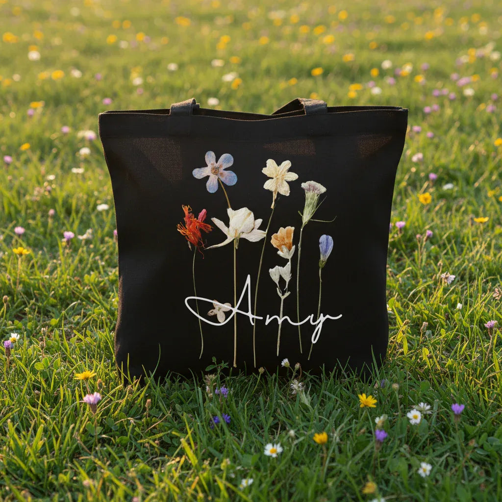 Personalised cotton tote bag, black with wildflower print and name Amiy
