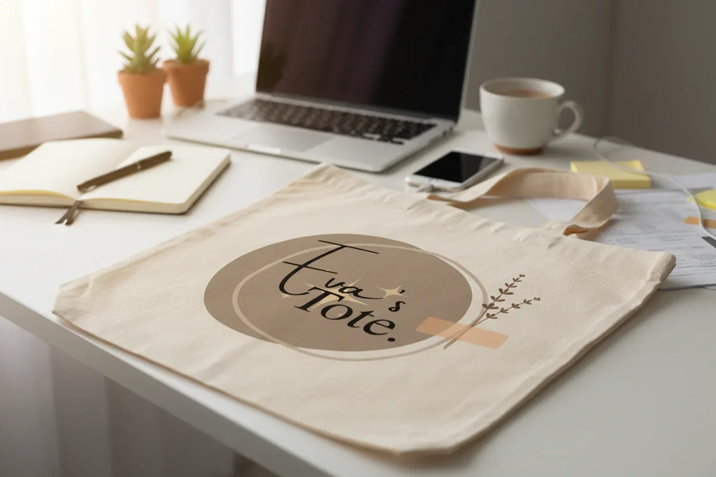 Cream cotton tote bag lying on desk with circular 'Tote.' logo print