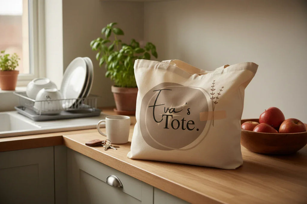 Cream cotton tote bag on kitchen counter with circular 'Tote.' logo print