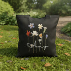 Dark cotton tote bag with dried wildflower illustration and handwritten name.