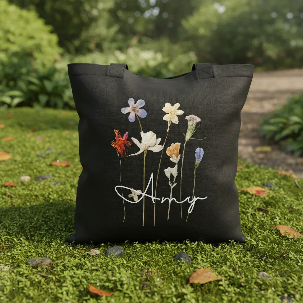 Dark cotton tote bag with dried wildflower illustration and handwritten name.