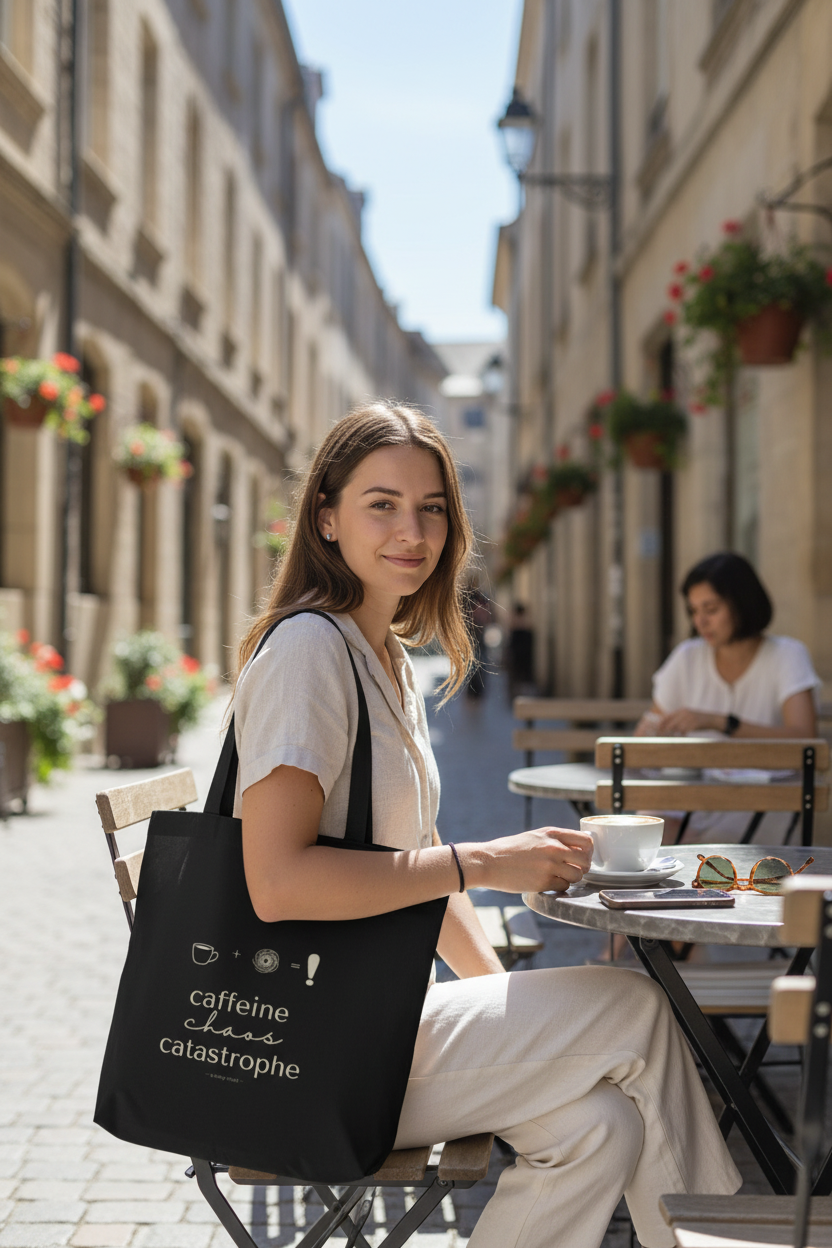 Black canvas tote bag with coffee-themed graphic and carry handles