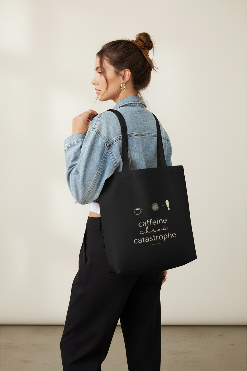 Black tote bag with front text “caffeine chaos catastrophe” and small icons.