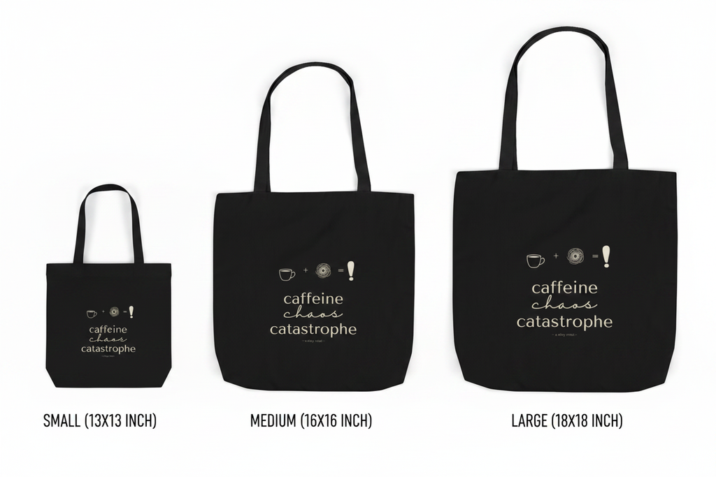 Set of black tote bags in small, medium, and large sizes with “caffeine chaos catastrophe”.