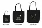 Set of black tote bags in small, medium, and large sizes with “caffeine chaos catastrophe”.