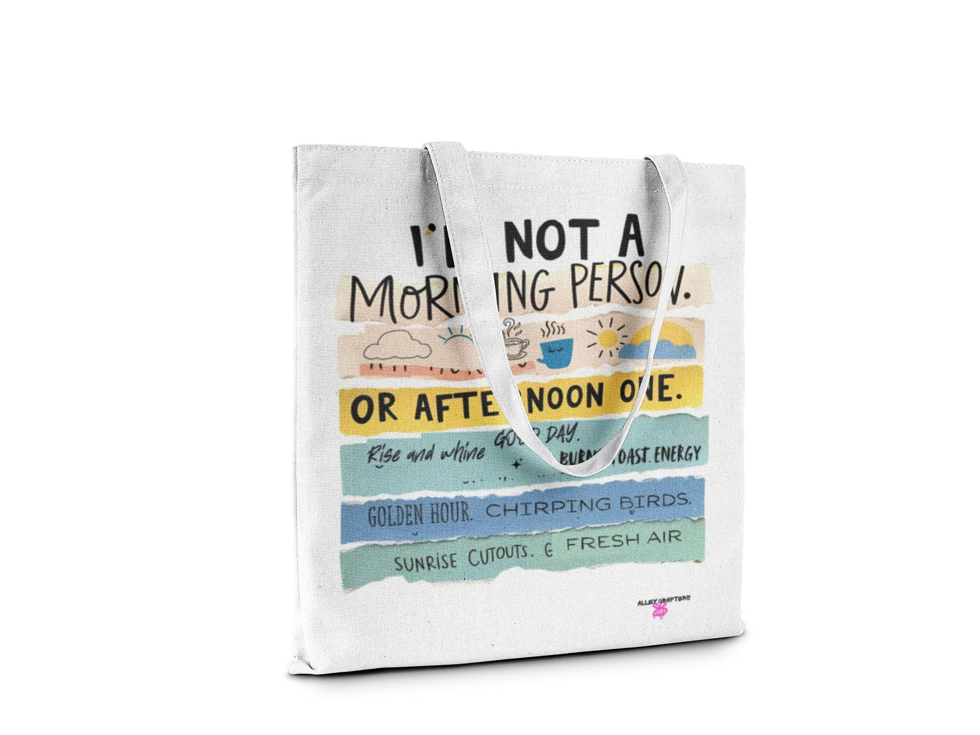 White tote bag with colorful 'or afternoon one' slogan on the front