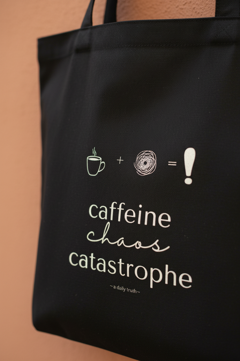 Close-up of black tote bag front with “caffeine chaos catastrophe” text and icons.