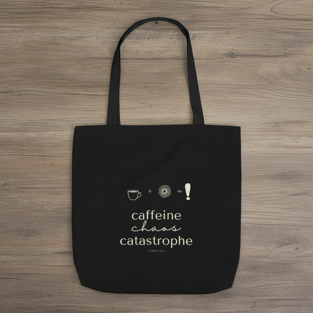 Black tote bag on wood surface with “caffeine chaos catastrophe” text and icons.