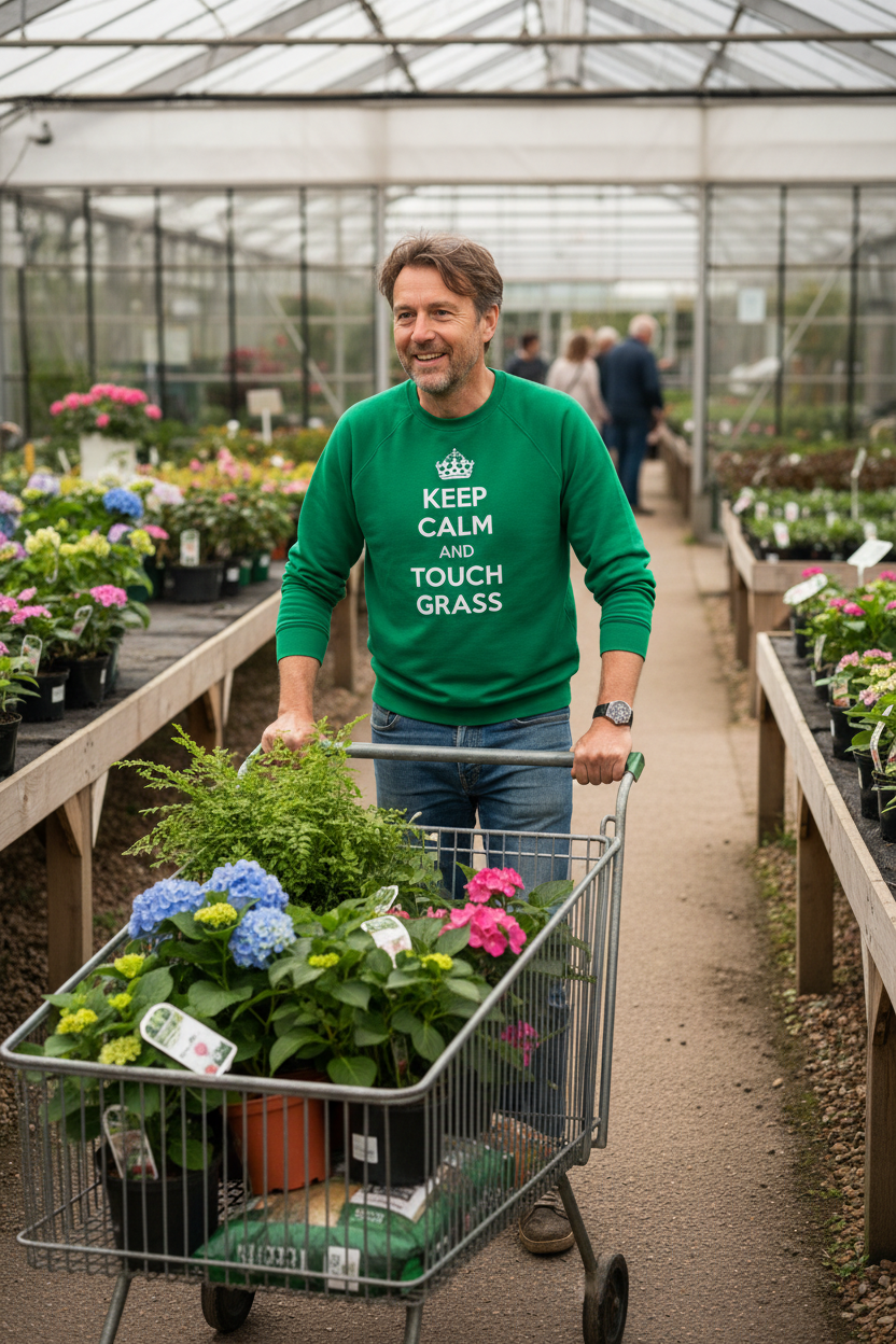 Green sweatshirt with 'KEEP CALM AND TOUCH GRASS' quote text on the chest