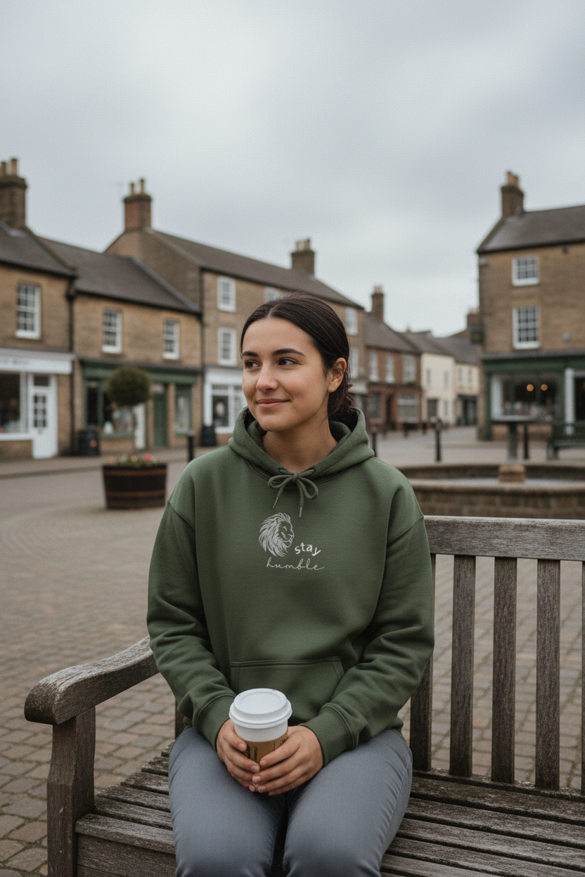 Military green hoodie with lion head and “stay humble” chest graphic, pullover style