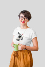 White unisex T-shirt with coffee cup graphic and “coffee” word on chest