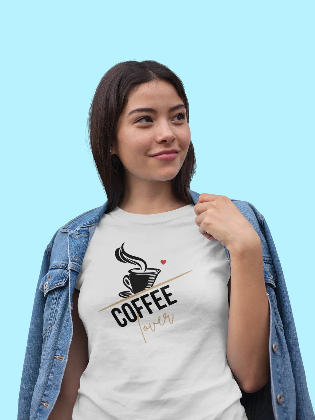 White unisex T-shirt with coffee cup graphic and red heart detail on chest