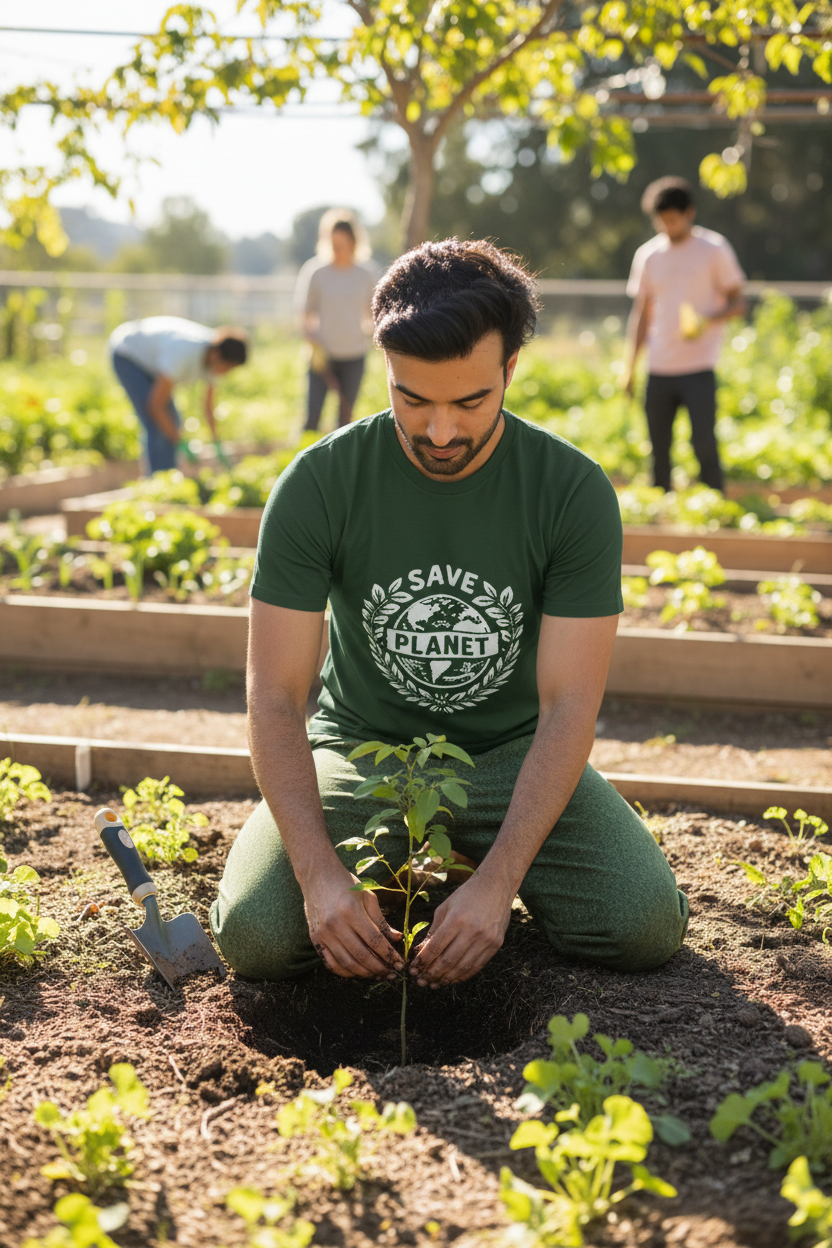 Forest green T-shirt with Save the Planet chest graphic, crew neck, short sleeves