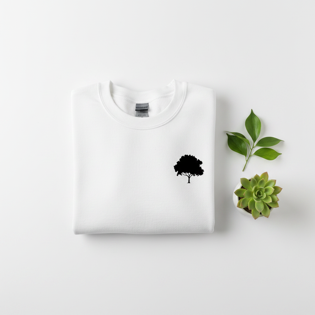 White crewneck sweatshirt with small tree logo on the front