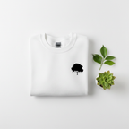 White crewneck sweatshirt with small tree logo on the front