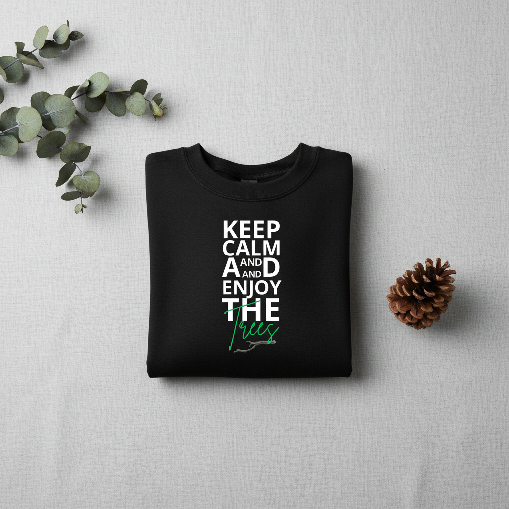 Black crewneck sweatshirt folded flat with “Keep Calm and Enjoy the waves” front design.