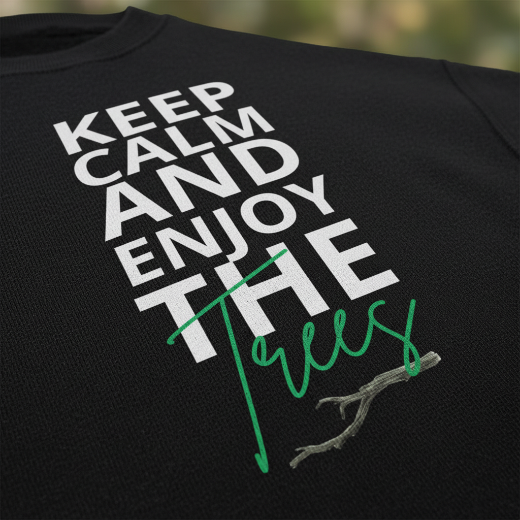 Close-up of black sweatshirt graphic: “Keep Calm and Enjoy the waves” with green line details.