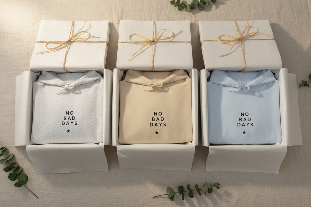 Pack of folded hooded sweatshirts in gray, tan, and light blue with bow ties