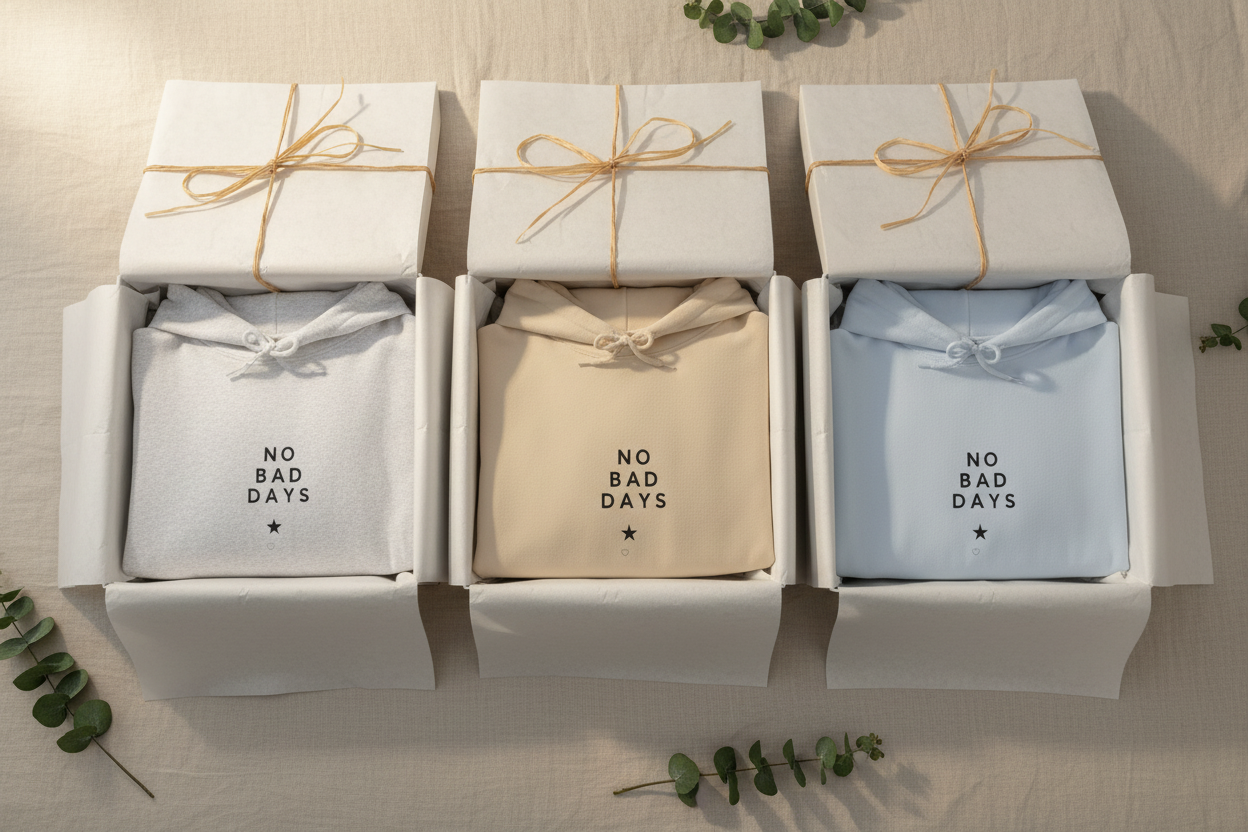 Pack of folded hooded sweatshirts in gray, tan, and light blue with bow ties