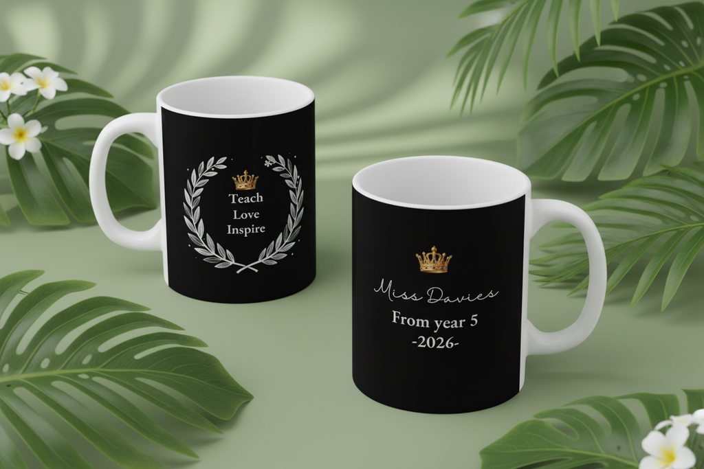 Personalized teacher mug, black with Teach Love Inspire and name/year text on front