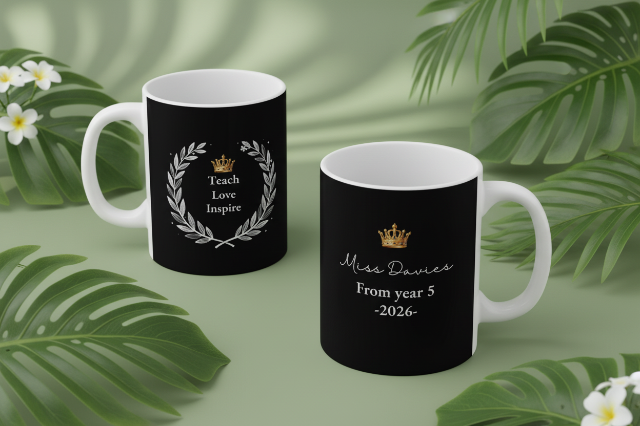 Personalized teacher mug, black with Teach Love Inspire and name/year text on front