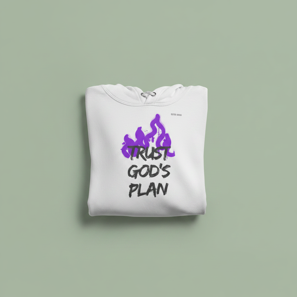 White hoodie folded flat with drawstring hood and purple “TRUST GOD’S PLAN” front print.