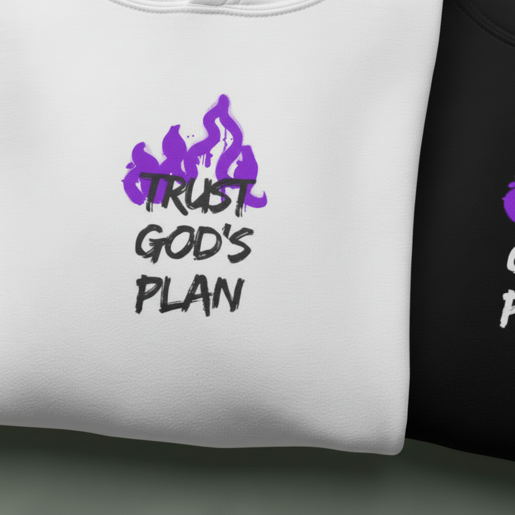 Close-up of white hoodie chest print: purple flames graphic with “TRUST GOD’S PLAN”.