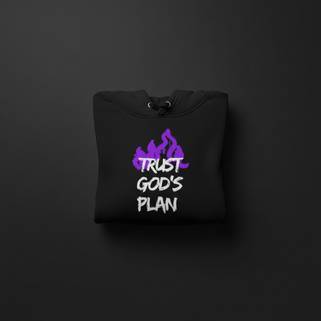 Black hoodie folded with drawstring hood and front purple “TRUST GOD’S PLAN” print.