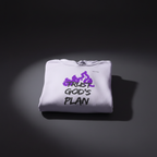White pullover hoodie folded with drawstring hood and front “TRUST GOD’S PLAN” graphic.