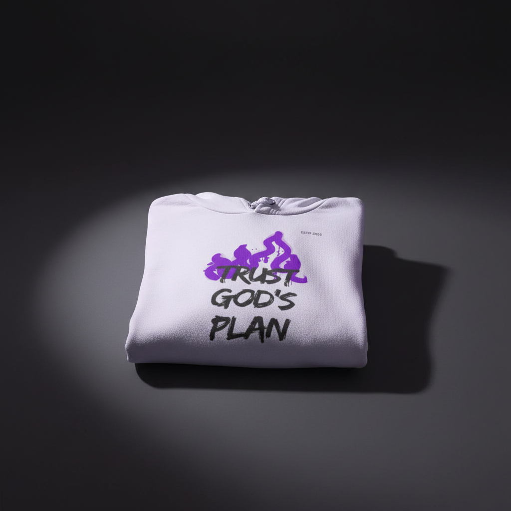 White pullover hoodie folded with drawstring hood and front “TRUST GOD’S PLAN” graphic.